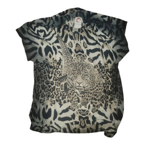 ARONIA black Grey white rhinestone snow leopard plus size mesh shirt blouse 3x